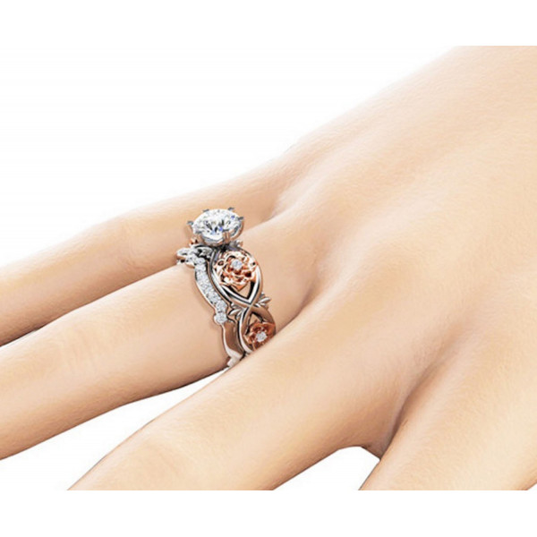 9360 Women's Gorgeous 2 PCS CZ Vintage Engagement Wedding Ring Set Lotus Flower Rose Gold Plated Two-tone Bridal Eternity Rings